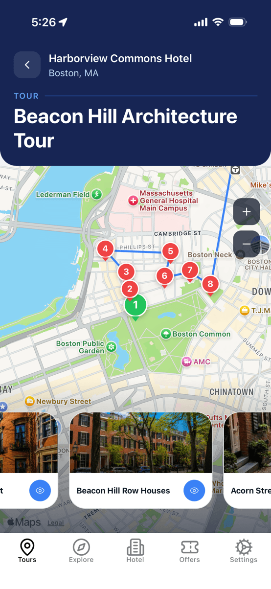 A guided tour route on the live map with numbered stops